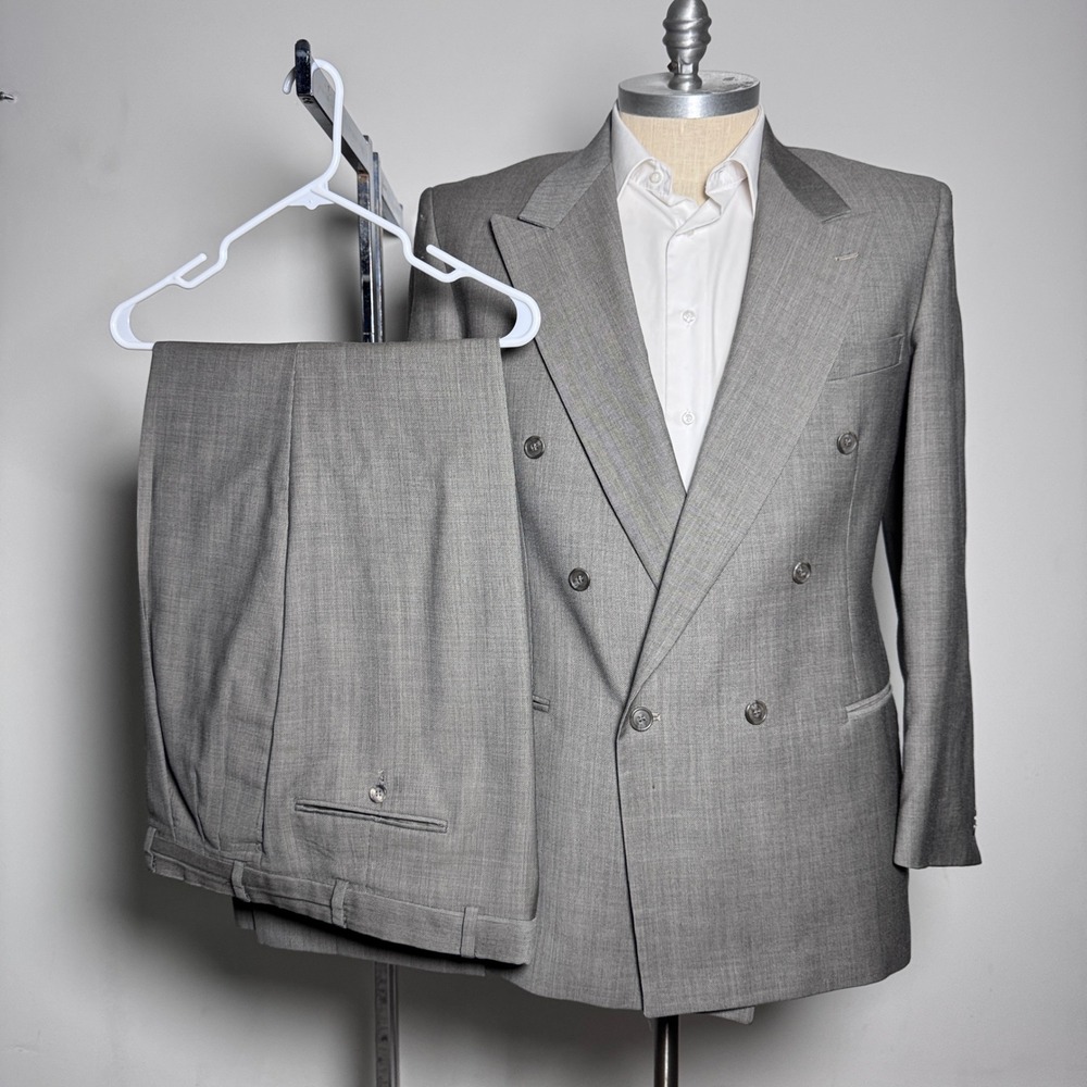 Adolfo Couture Suit Mens 42R 38x30 Gray Solid Double Breasted Vintage Wool Blend